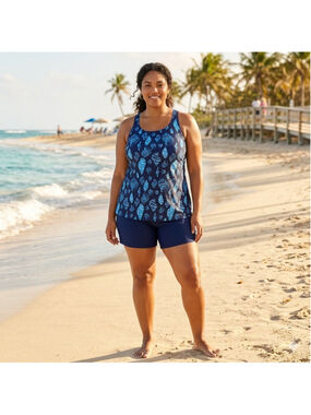 NEW Swimsuit For All Size 28 Navy Seashell Design RN 88842 Racer Back No Wire